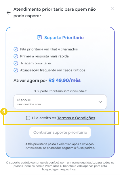 Tela de contratação de plano de Suporte Prioritário com informações de fila prioritária, respostas rápidas, triagem e atualização em casos críticos, mostrando preço de R$ 49,90/mês e opção de ativar. Há checkbox de termos e botão para contratar.