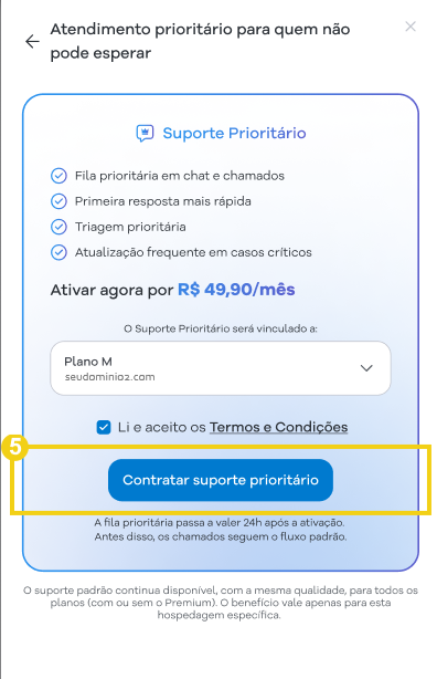 Tela de contratação de suporte prioritário para atendimento prioritário para quem não pode esperar, com resumo de benefícios e botão para contratar o suporte prioritário por R$ 49,90/mês.