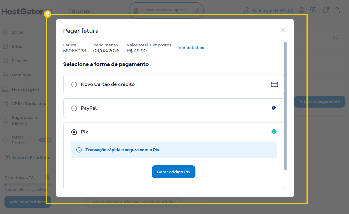 Tela de pagamento de fatura no HostGator mostrando opções de forma de pagamento como cartão de crédito, PayPal e Pix, com botão “Gerar código Pix”.