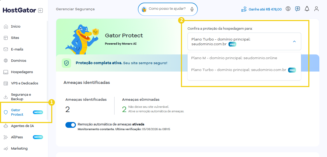 Tela do Gerenciador de Segurança do HostGator mostrando opções de proteção de hospedagem e planos de domínio