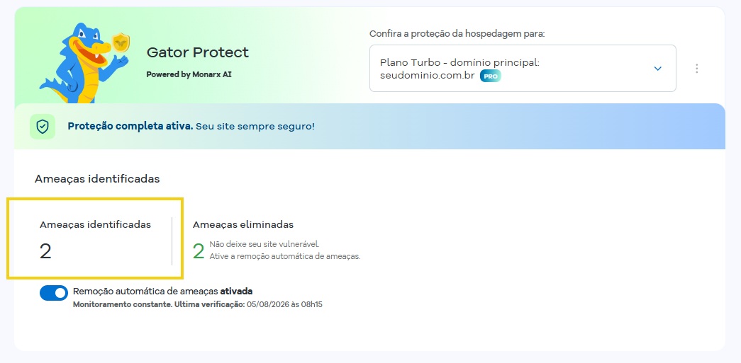 Imagem mostra em destaque a área que identifica o número de ameaças identificadas