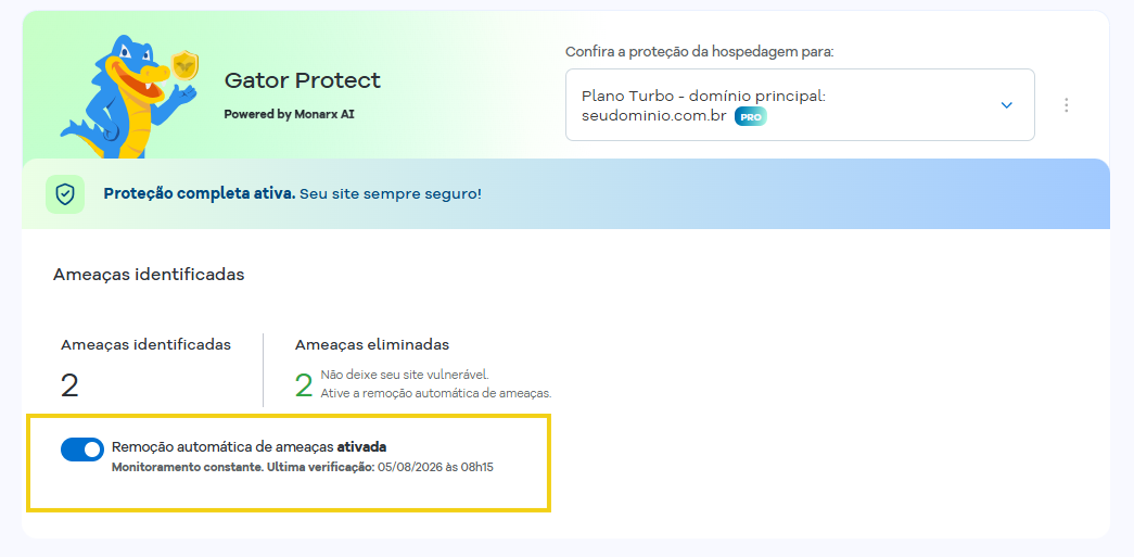 Imagem mostra em destaque a parte de ativação de remoção automática de ameaças