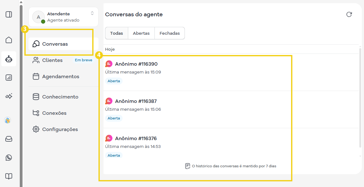 Imagem mostra a tela de acesso as conversas realizadas