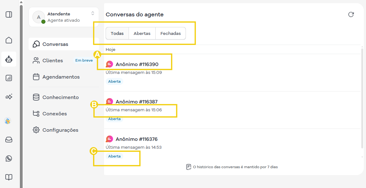 Imagem mostra a tela com o histórico de conversas