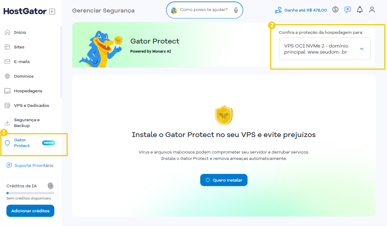 Imagem da área de gerenciamento do Gator Protect no Portal do Cliente