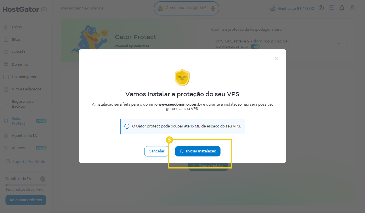 Imagem mostra card "vamos instalar a proteção do seu VPS", destacando o botão "iniciar instalação"