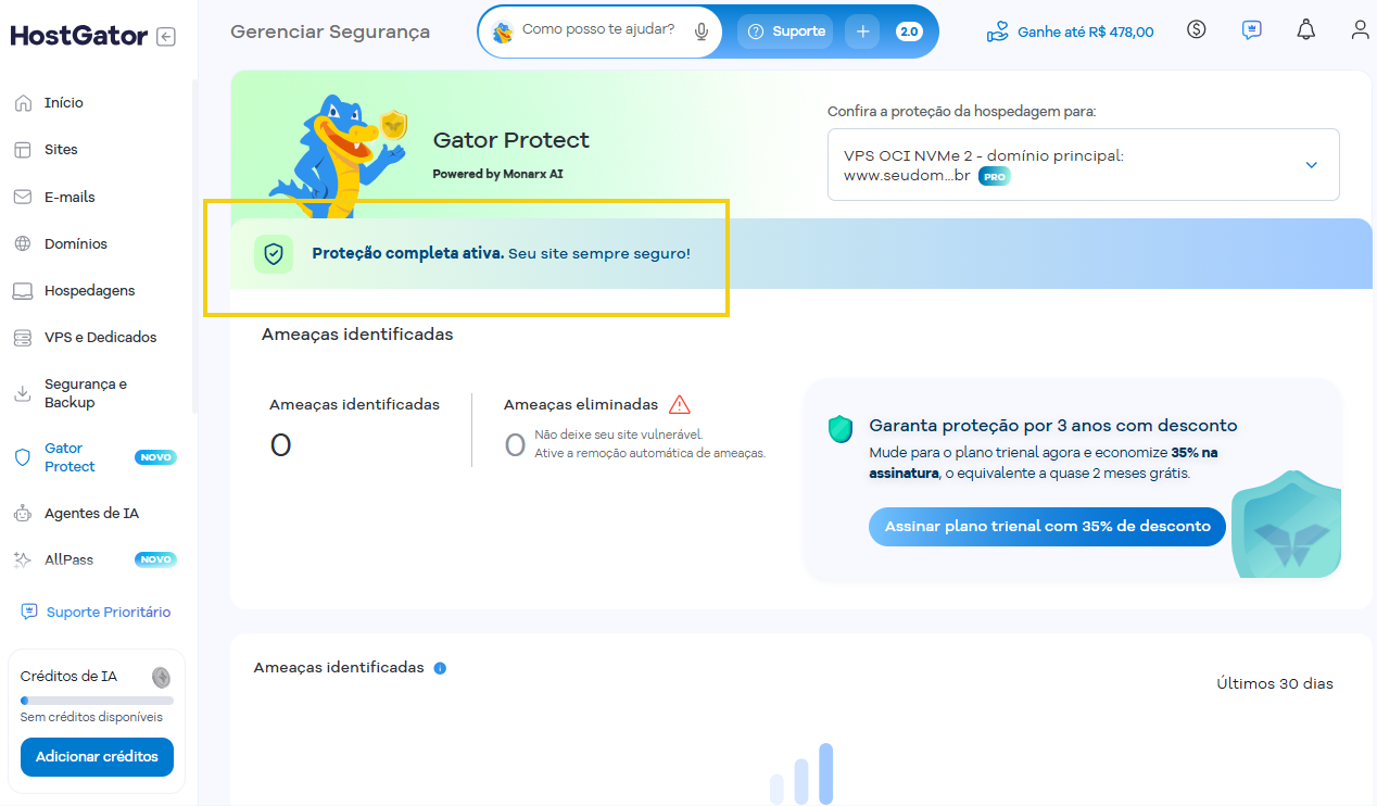 Imagem da tela de gerenciamento, mostrando a informação "Proteção completa ativa. Seu site sempre seguro!"