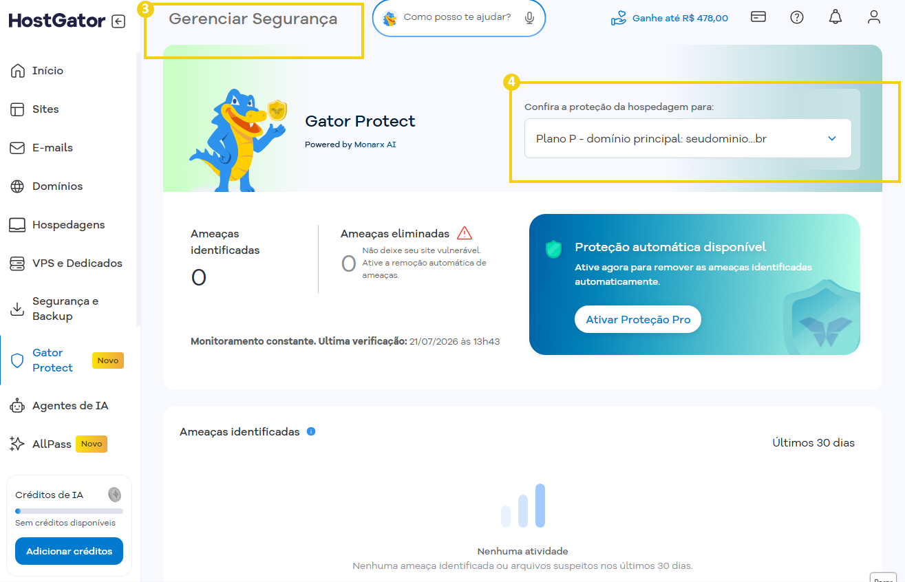 Imagem do Portal do Cliente que mostra o acesso a área do Gator Protect