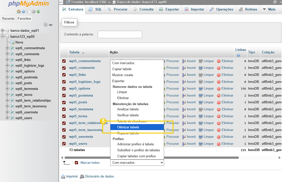 Imagem mostra a tela do phpMyAdmin, com a marcação na opção "Otimizar tabela"