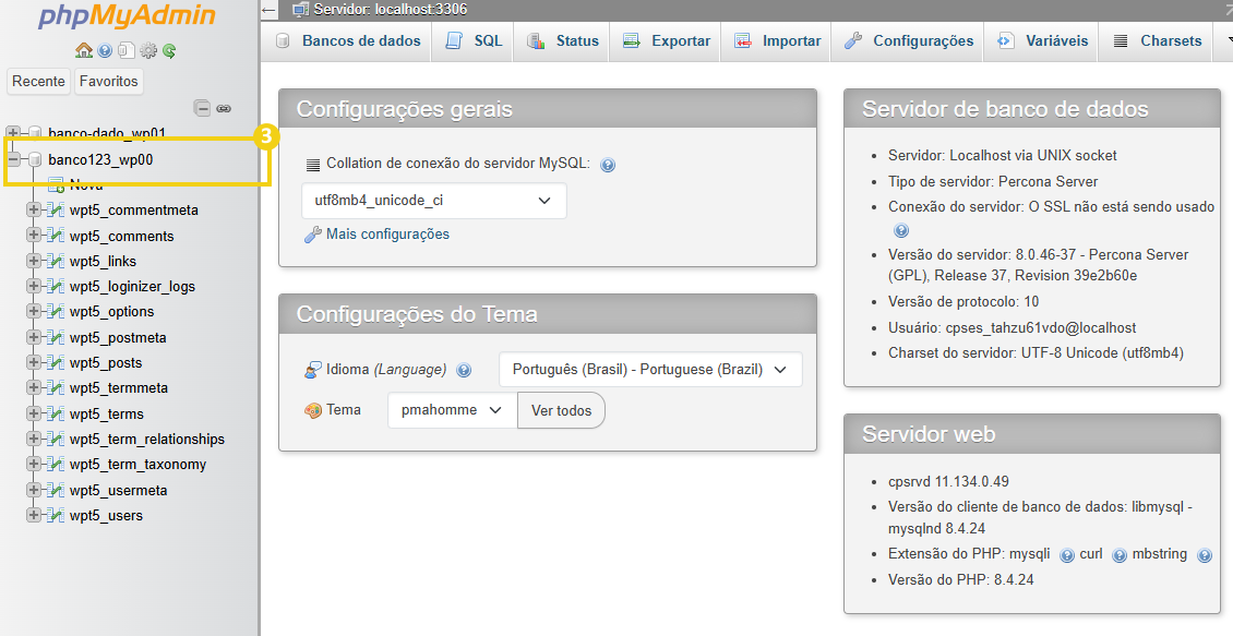 Imagem mostra a tela do phpMyAdmin, com a marcação no banco de dados que pode selecionar para otimizar o que deseja
