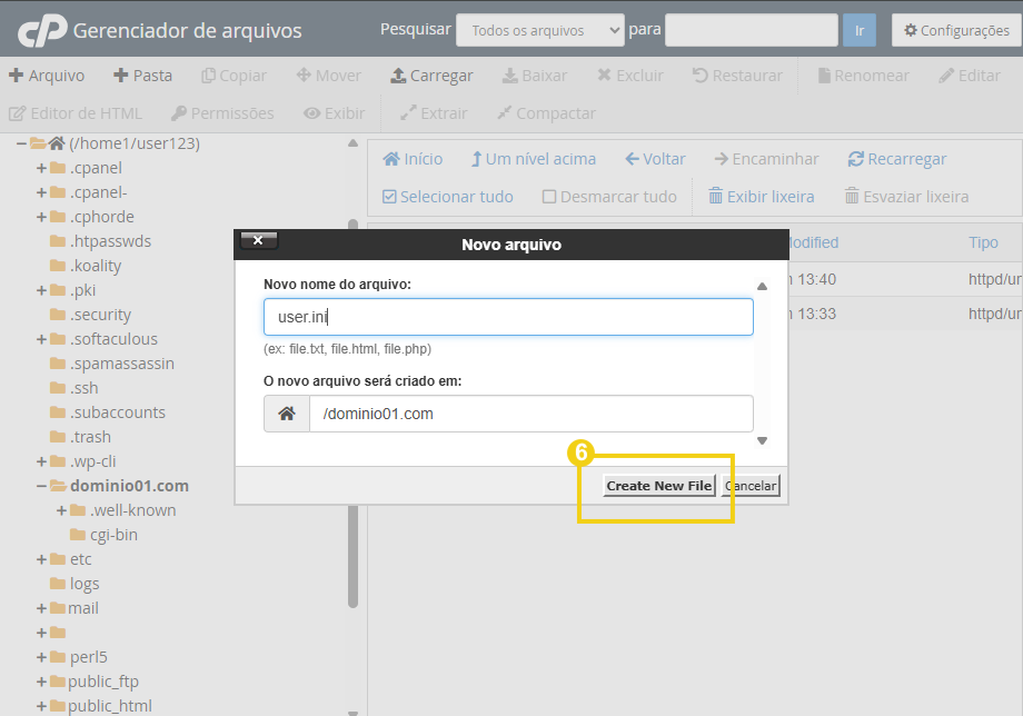 Tela do Gerenciador de arquivos com janela “Novo arquivo” para criar o arquivo user.ini no domínio1.com, com botão “Create New File” destacado.