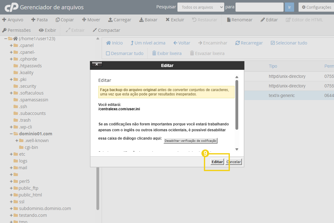 Tela do Gerenciador de arquivos CP: aviso de backup ao editar arquivo, com janela “Editar” e botão “Editar” destacado em destaque. Interface de controle de servidor.