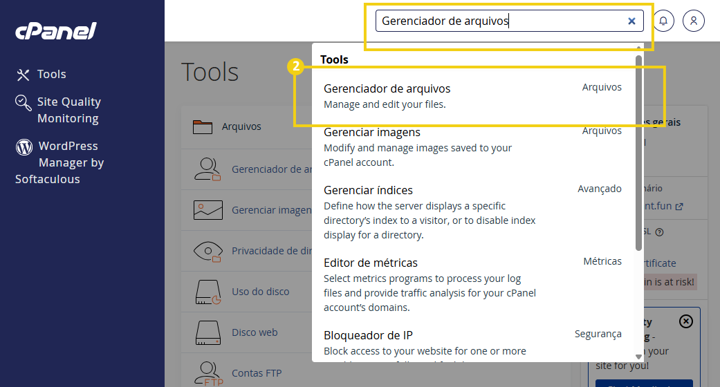 Tela do Gerenciador de Arquivos no cPanel, mostrando opções para gerenciar e editar arquivos do site. Ideal para usuários de hospedagem.