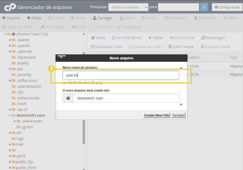 Tela do Gerenciador de arquivos cPanel exibindo o formulário “Novo arquivo”, com o campo para inserir o novo nome do arquivo user.ini e seleção do diretório de criação.