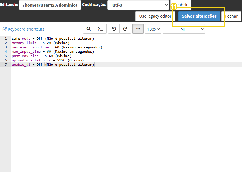 Tela de editor de código exibindo configuração de limites de memória e tempo de execução em linguagem de programação, com botão “Salvar alterações” destacado no canto superior.