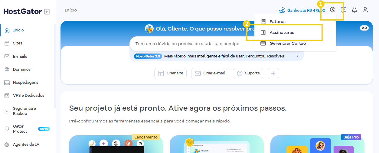 Tela do Portal do Cliente que destaca no menu superior o ícone financeiro e em seguida Assinaturas