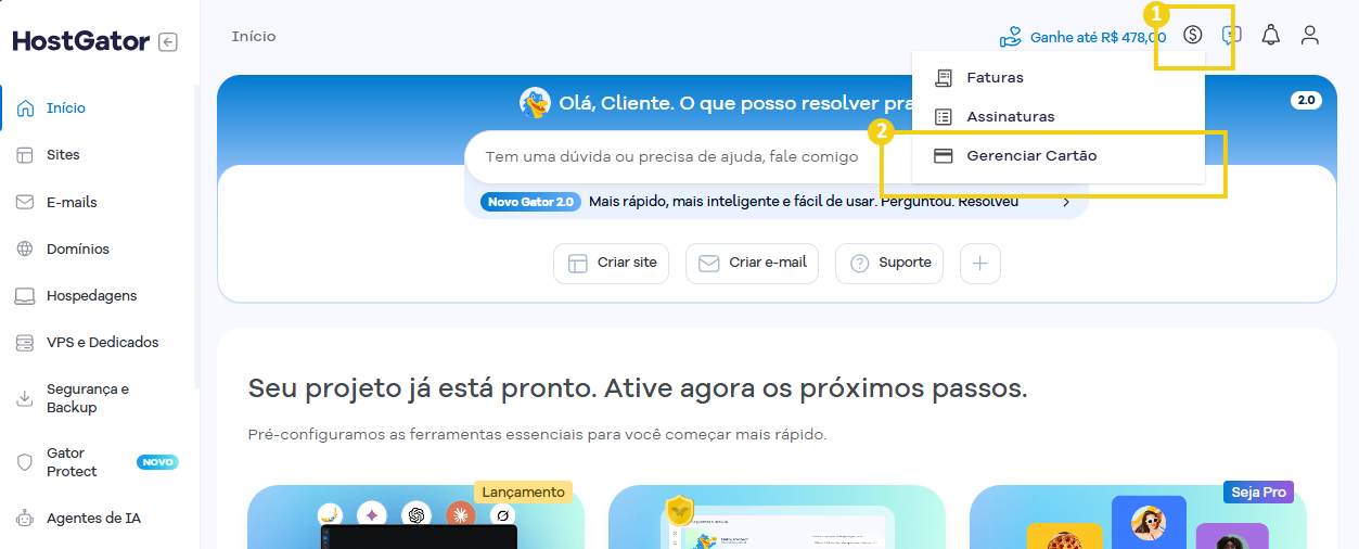 Imagem que mostra a interface do painel de controle do HostGator, destacando no menu superior o ícone financeiro e a seção gerenciar cartão