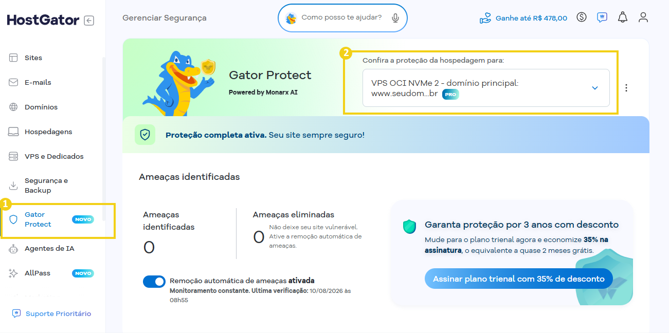 Imagem do Portal do Cliente, destacando opção do menu lateral "Gator Protect"