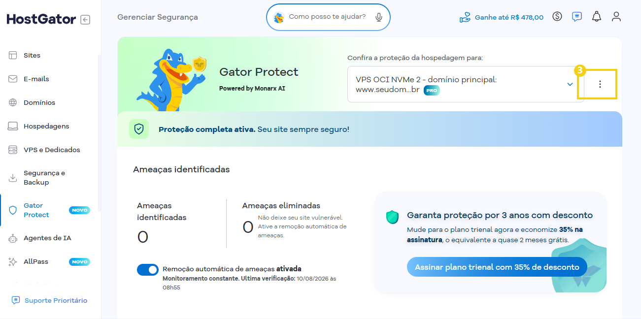 Imagem do Portal do Cliente, destacando opção para remover Gator Protect
