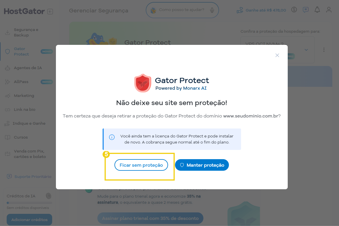 Imagem da tela para confirmar remoção do Gator Protect