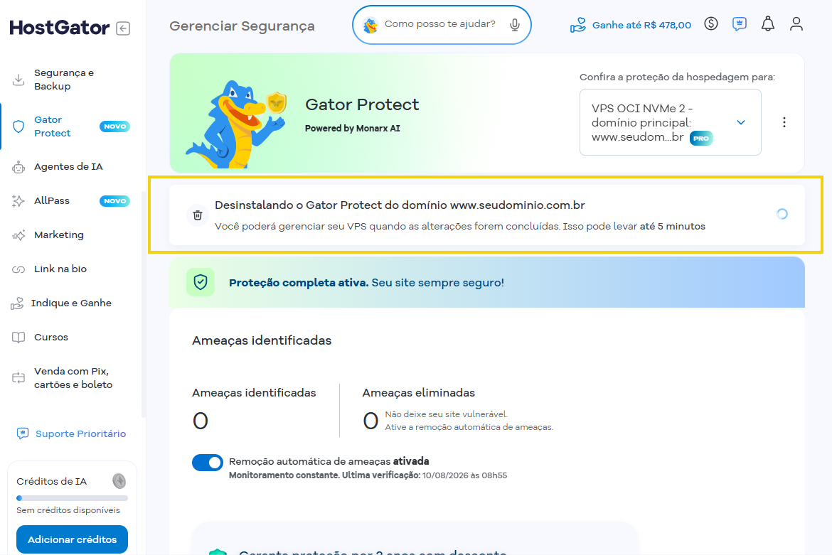 Imagem destaca tela informando andamento da remoção
