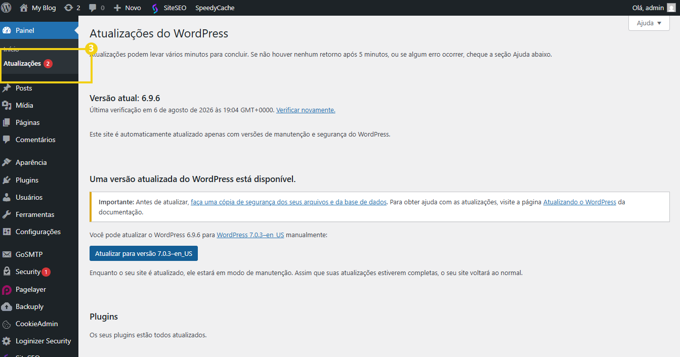 Painel Wordpress com a opção "Atualizações" destacada e selecionada