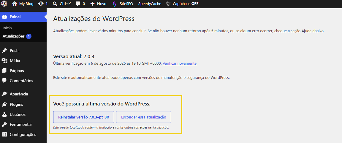 Imagem destacando o painel Wordpress, aba "Atualizações" quando não há nenhuma atualização pendente de realização