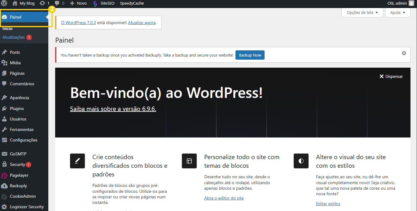 Painel Wordpress aberto na página inicial, aba denominada "Painel"