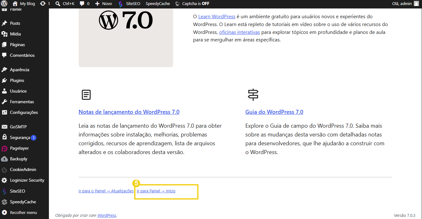 Painel Wordpress após atualização de versão concluída, com botão "Ir para o Portal, início" destacado