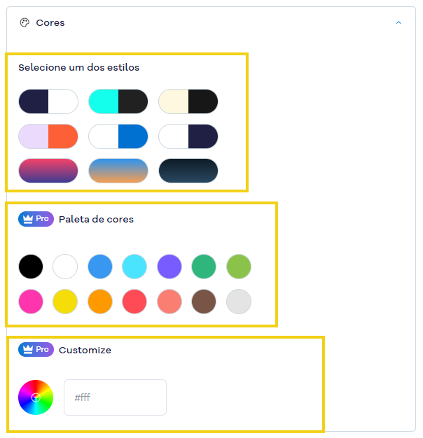 Imagem mostra a seção para definir as cores do link na bio