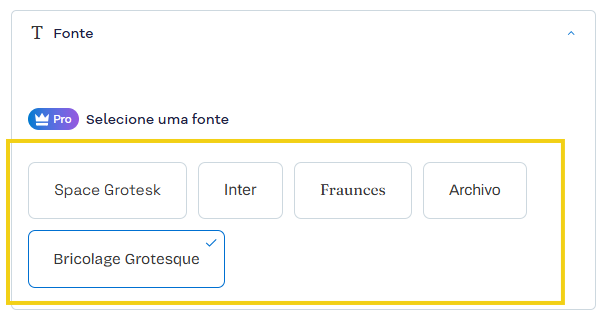 Imagem mostra a seção para escolher a fonte dos títulos e botões do Link na Bio