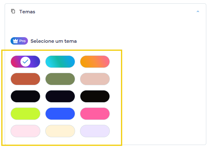 Imagem mostra a seção de temas para escolher o que deseja