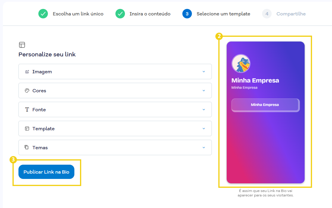 Imagem da tela do Portal do Cliente com marcação na prévia que mostrada e no botão para publicar o link