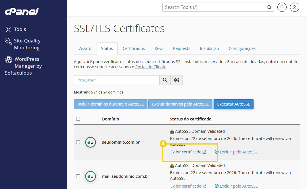 Tela de gerenciamento cPanel mostrando SSL/TLS Certificates com lista de domínios e status de certificado, incluindo opções como Exibir certificado em destaque