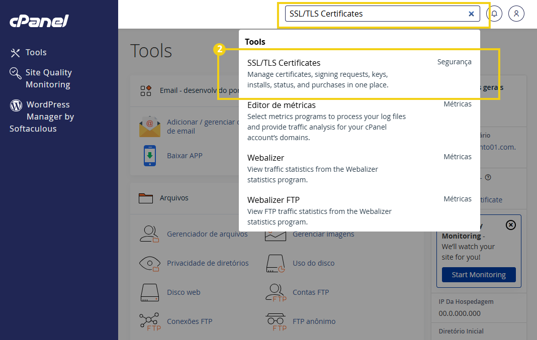 Tela do cPanel mostrando a seção SSL/TLS Certificates, com explicação sobre certificados e opções para gerenciar pedidos, chaves e compras no painel.