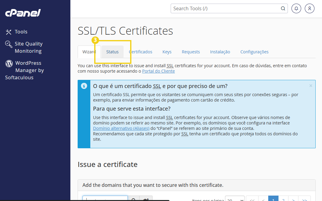 Tela do cPanel mostrando a seção SSL/TLS Certificates, com explicação sobre certificados e opções para gerenciar pedidos, chaves e compras no painel.