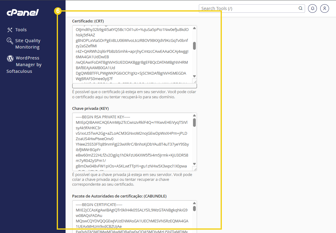 Tela do painel cPanel com página de gerenciamento de certificado SSL (CRT) e chave privada (KEY), mostrando campos de conteúdo criptografado e instruções abaixo no painel de configurações.