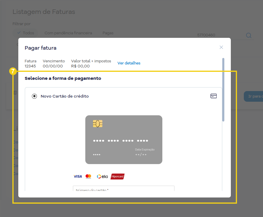 Imagem mostra a tela "Pagar fatura" para concluir o pedido da licença
