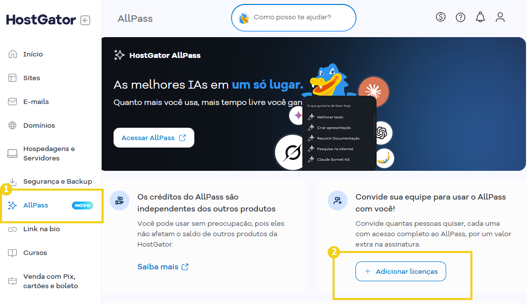 Imagem mostra a tela do Portal do Cliente sinalizando o fluxo de acesso para adicionar mais licenças