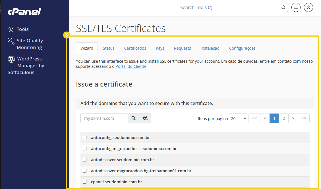 Interface do painel cPanel com a tela “SSL/TLS Certificates” para emitir certificado SSL, selecionar domínios e gerenciar configurações.“,