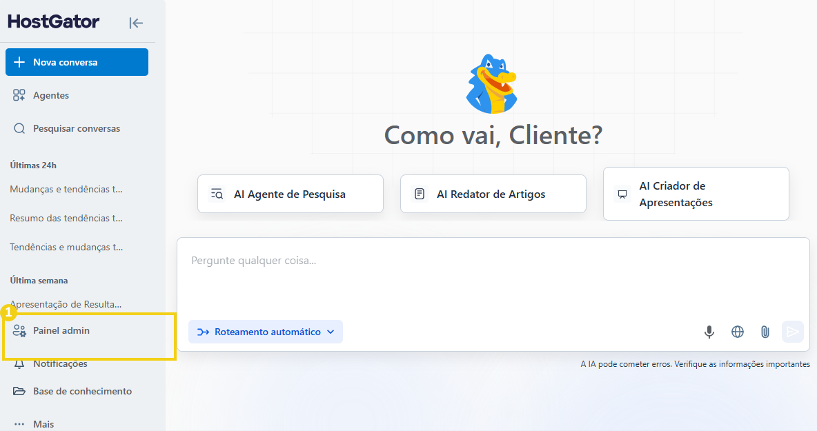 Imagem da tela de conversa do painel AllPass, destacando opção Painel admin