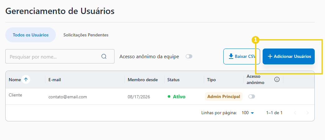 Imagem do AllPass que destaca o botão "Adicionar Usuários"