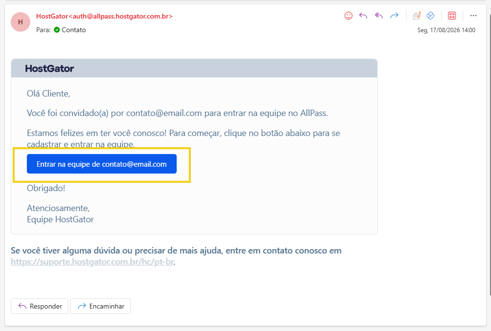 Imagem mostra a mensagem que é enviada para o e-mail informado para aceitar o convite
