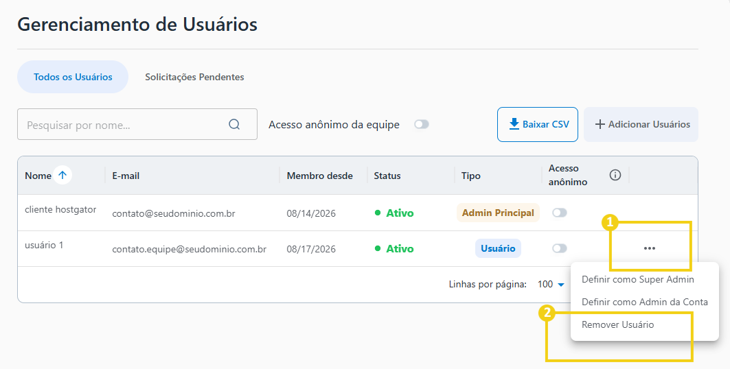 Imagem do AllPass que destaca o ícone de três pontos e a opção para remover o usuário