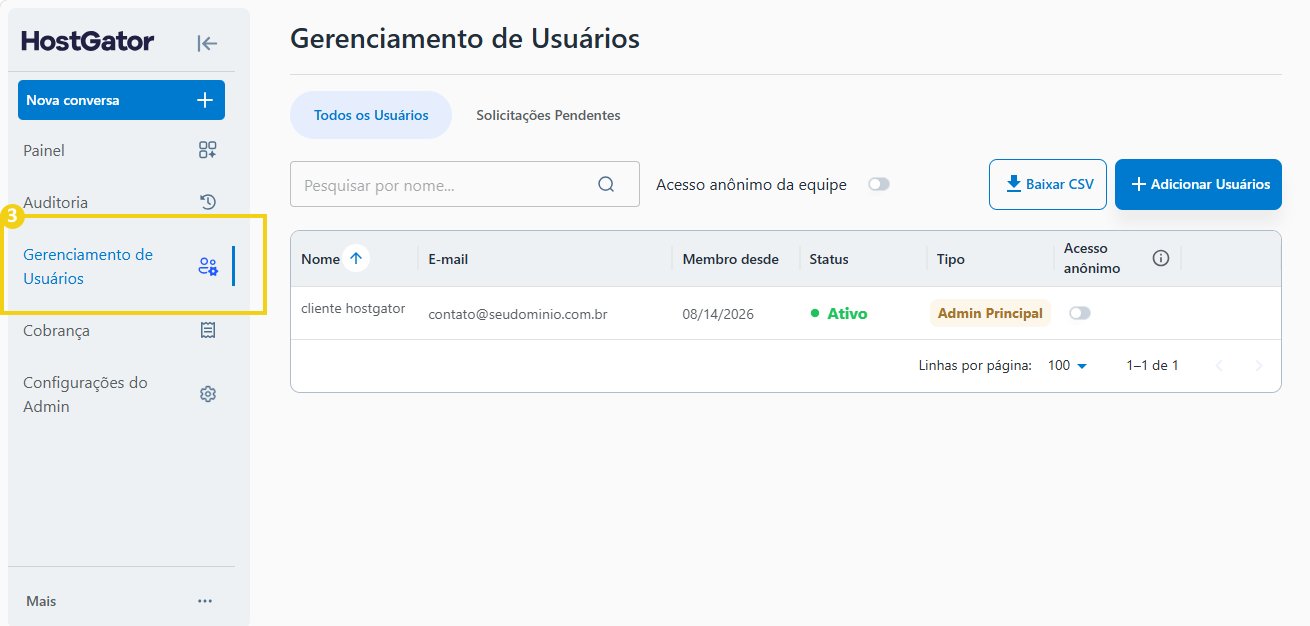 Imagem destaca no menu lateral a opção "Gerenciamento de Usuários"