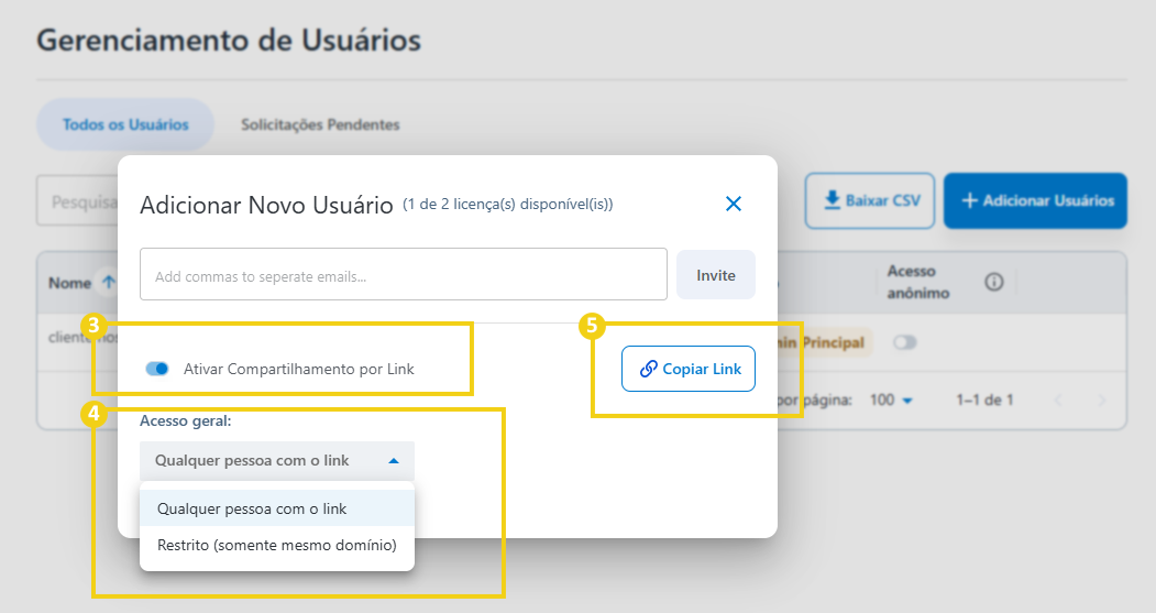 Imagem do AllPass que destaca o botão para poder gerar o link, permitir o acesso e copiar o link