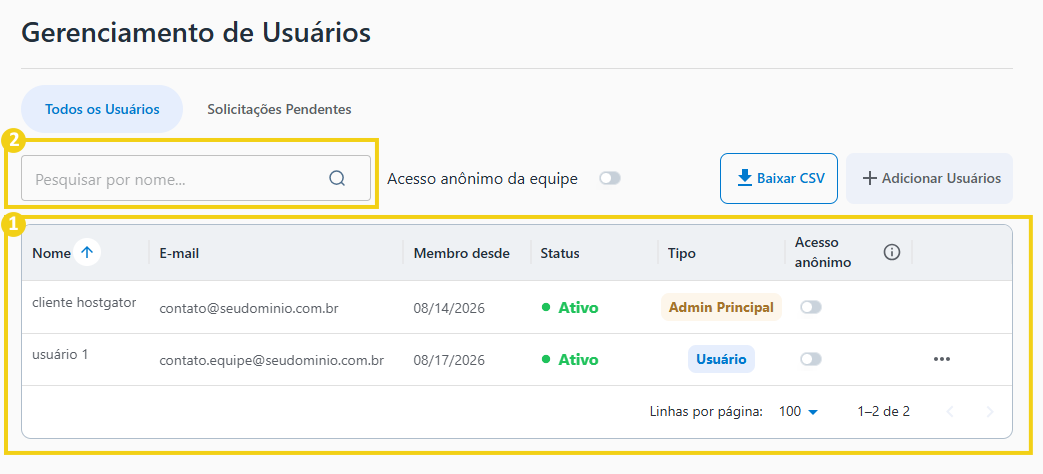 Imagem do AllPass que destaca a listagem de usuários e o campo para pesquisar por um específico