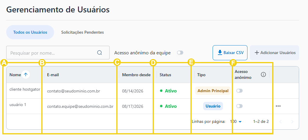 Imagem do AllPass que destaca a listagem de usuários 