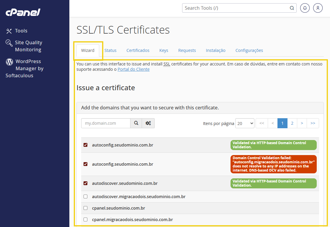 Tela "wizard" dentro da opção "SSL/TLS Certificates" no cPanel, mostrando as opções disponíveis