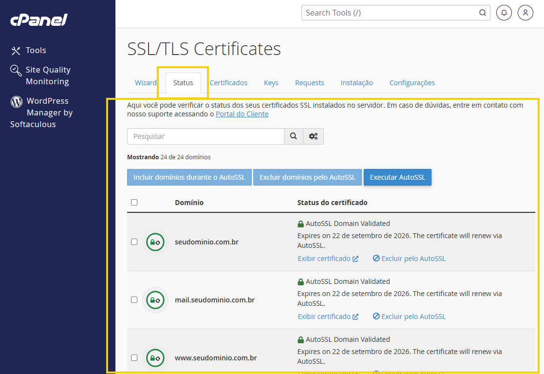 Tela de gerenciamento SSL/TLS do cPanel mostrando certificados AutoSSL, lista de domínios e status do certificado, com opções para Excluir ou Executar AutoSSL.